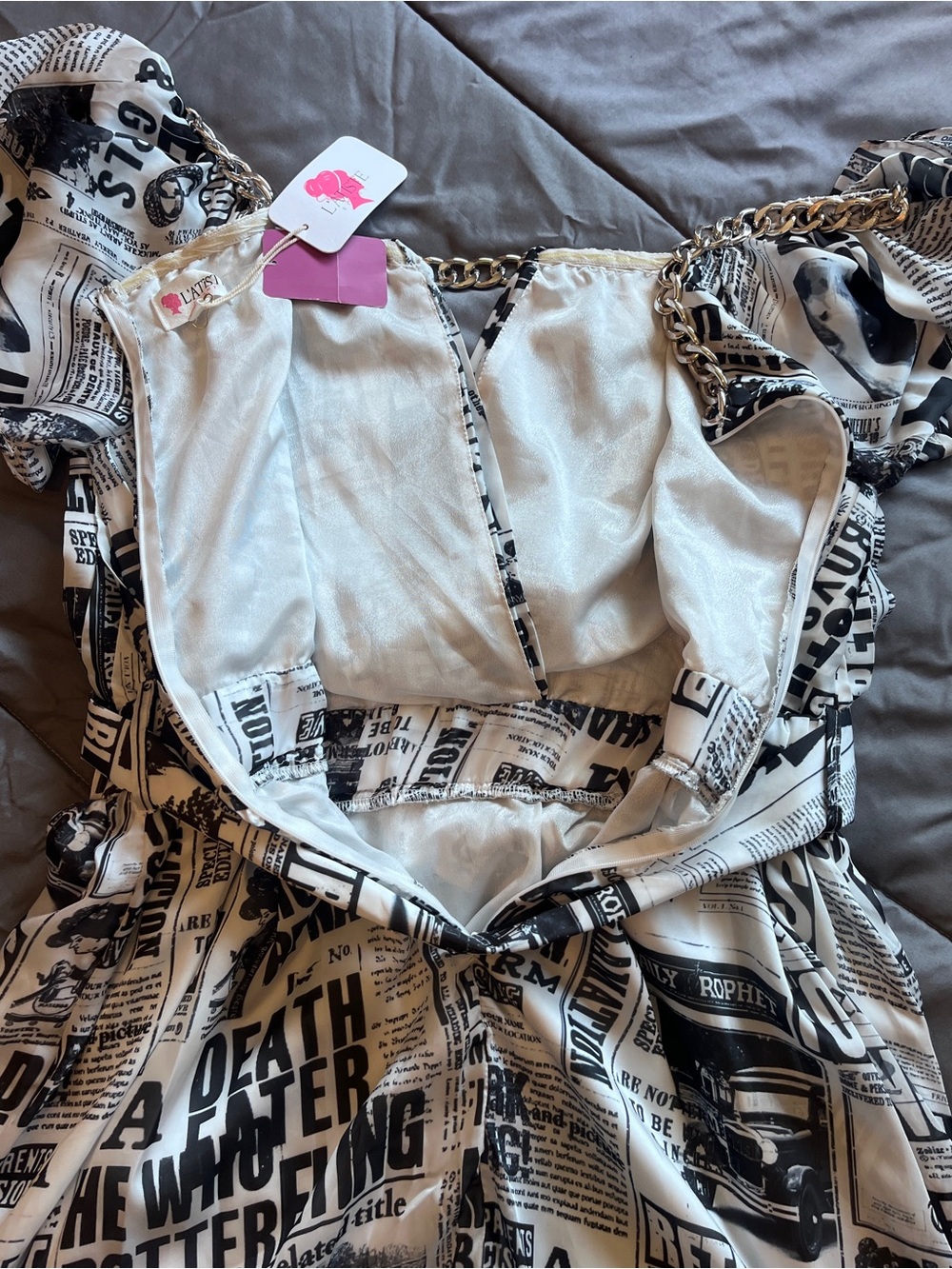 L'ATISTE Black and White Newspaper Print Maxi Dress with Silver Lining - Picture 8 of 9